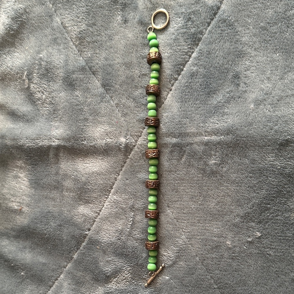 Green Beaded Bracelet with Silver Accents